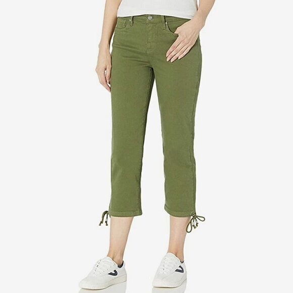 NYDJ Size 6 Capri Drawcord Hem Pants Green Olive Denim Jeans Mid Rise Cropped - Picture 1 of 12